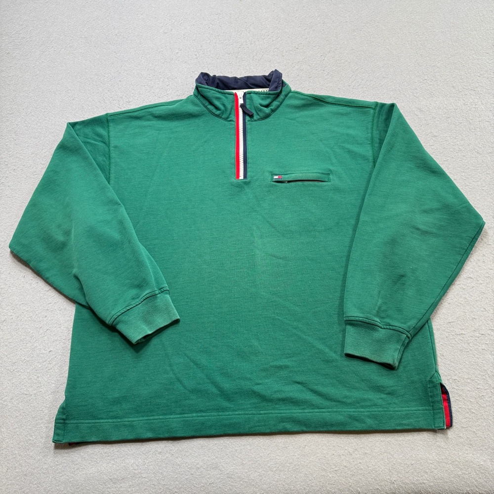 Tommy Hilfiger Sweater Men's XL Green Cotton Loose Quarter Zip Pullover Outdoor